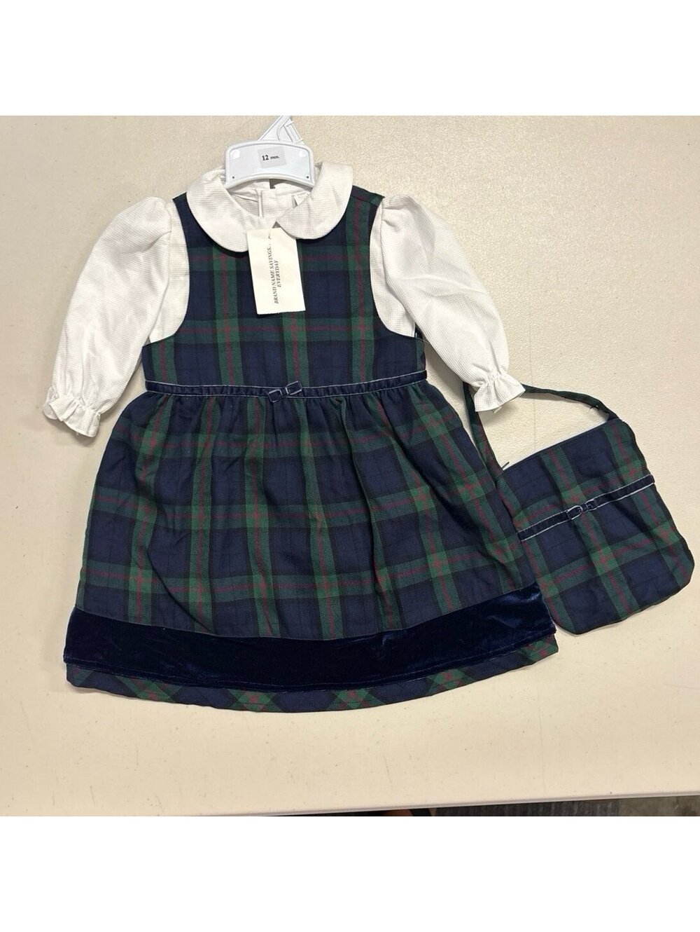 Vintage Girls Tartan Plaid Jumper Dress 3-Piece Set 12 Months Purse Blouse